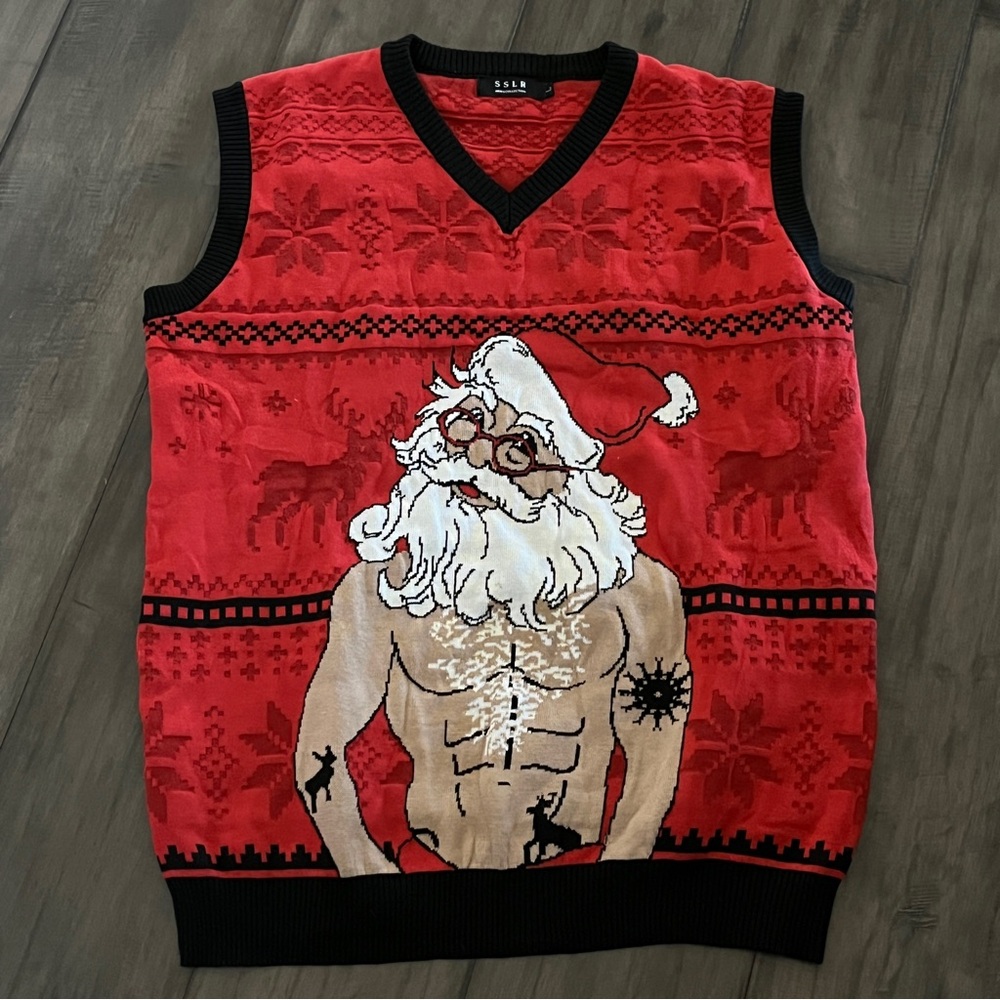 SSLR Buff and Tattooed Santa Christmas Sweater Vest - Size Large
